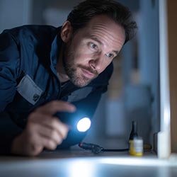 Employee with flashlight looking at the floor close up